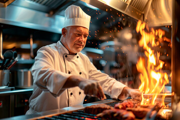 Chef cooking steak in restaurant kitchen. Professional chef cooking meat