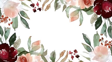 Watercolor floral wreath border bouquet frame collection set green leaves burgundy maroon scarlet pink peach blush white flowers leaf branches. Wedding invitations stationery wallpapers. Generative Ai