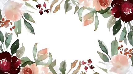 Foto op Plexiglas Watercolor floral wreath border bouquet frame collection set green leaves burgundy maroon scarlet pink peach blush white flowers leaf branches. Wedding invitations stationery wallpapers. Generative Ai © mahaart
