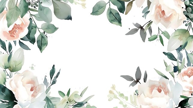 Fototapeta Watercolor floral illustration set bouquet, wreath, frame green leaves, pink peach blush white flowers branches. Wedding invitations, greetings, wallpapers, fashion, prints. Eucalyptus. Generative Ai