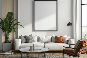 A contemporary living room featuring a couch, chair, coffee table, and a sizable picture frame on the wall - obrazy, fototapety, plakaty