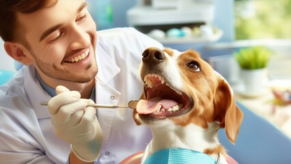 Vet dentist examines a dogs teeth in a dental chair at clinic.