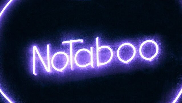 No Taboo inscription in violet color at sex shop window. Peccability and moral degradation of society, decline in morals