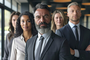 Group of professional business individuals standing in a row in front of a large window, looking outside