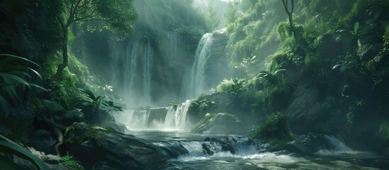 A powerful waterfall cascades down a rocky cliff in the heart of a lush forest. The water rushes...