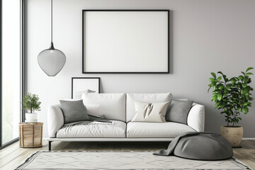 A modern living room featuring a white couch and white rug, creating a clean and minimalistic aesthetic