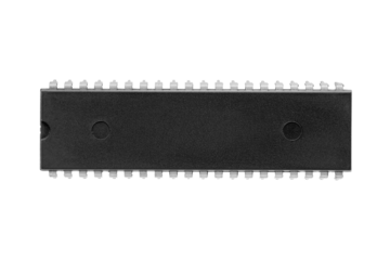 The 40-pin electronic integrated circuit or microchip is isolated. DIP package, which is a common type of electronic component. Transparent PNG image.
