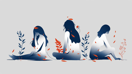 Obraz premium Three women are sitting on the ground, with one of them holding a leaf
