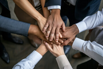 A group of individuals standing in a circle, joining their hands together in unity and teamwork