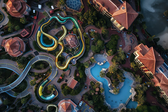 Overhead shot capturing the winding water slides and pools of a fun-filled water park as evening approaches