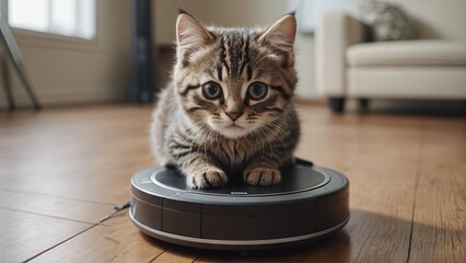 kitten sits on a robot vacuum cleaner in a modern home interior. Concept: Pets, smart cleaning gadget