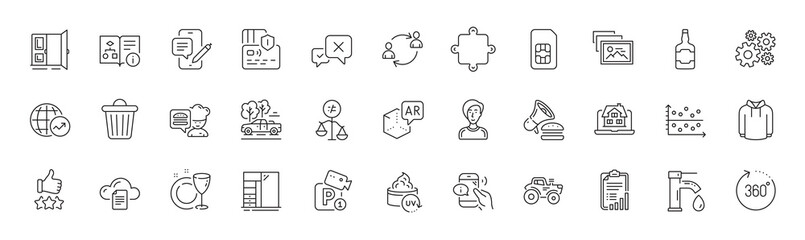 Burger, Realtor and 360 degrees line icons. Pack of Hoody, Card, Checklist icon. Cupboard, Puzzle, Trash bin pictogram. Augmented reality, Businesswoman person, Discrimination. Line icons. Vector