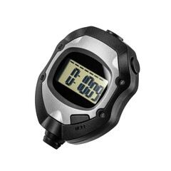 Electronic black plastic sports stopwatch timer with ten seconds on the screen isolated. Transparent PNG image.