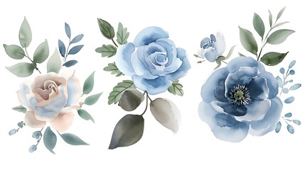 Watercolour floral illustration set. blush pink blue flower, green leaves individual elements collection - for bouquets, wreaths, wedding invitations, anniversary, birthday, postcards. Generative Ai
