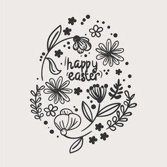 Easter eggs doodle style. Calligraphic hand drawn flowers in form of Easter egg, isolated on white background.
