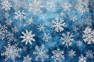 A painting featuring intricate snow flakes against a vibrant blue backdrop