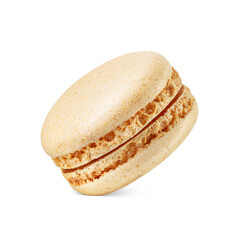 One coconut yellow macaron isolated. Sweet meringue-based confection. Transparent PNG image.