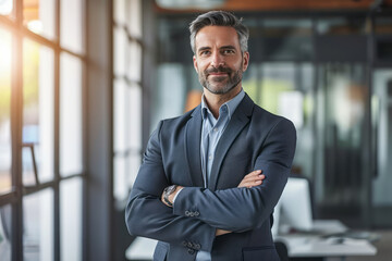 A man in a professional suit stands confidently, with his arms crossed, portraying authority and self-assurance