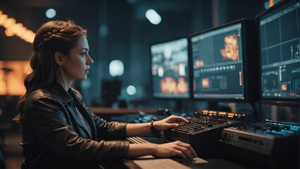 A room with a control panel for monitors and buttons on a desktop. Concept: cybersecurity, technology zone, AI and IT work
