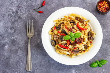 Fettuccine Aglio e Olio with Chilli Peppers Directly Above Photo