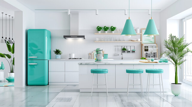 Interior of luxury modern white kitchen with accents of turquoise, mint color. 
