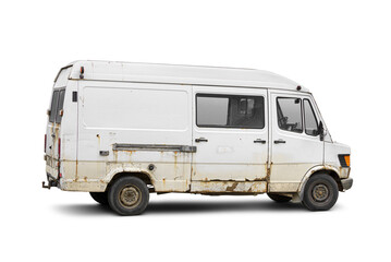 Old rusty dirty delivery van side view isolated. Cargo short-base minibus. Vehicle recycling concept. Transparent PNG image. © Kuzmick