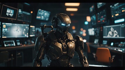 Android robot in tactical gear stands in a command center surrounded by numerous screens and control panels with a graphical interface.
Concept: innovation, artificial intelligence, futuristic plot