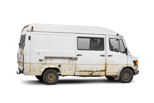 Old rusty dirty delivery van side view isolated. Cargo short-base minibus. Vehicle recycling concept. Transparent PNG image.