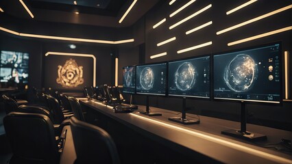 A room with a control panel for monitors and buttons on a desktop. Concept: cybersecurity, technology zone, AI and IT work