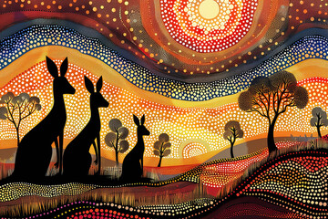 Australian Aboriginal dot painting style art landscape with kangaroos.