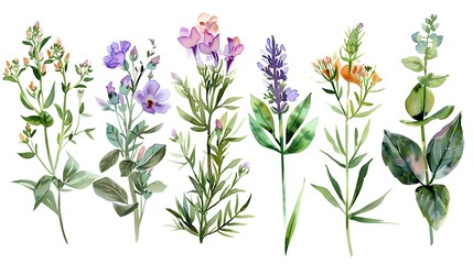 Wild field herbs flowers plants. Watercolor bouquet collection - illustration with green leaves, branches and colorful buds. Wedding stationery, wallpapers, fashion, backgrounds, prints. Generative Ai