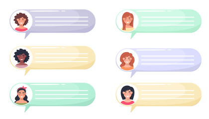 Female avatars with speech bubbles. Women communicating, talking illustration. Team, conference, work, feedback. Vector illustration in flat style.