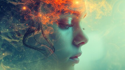 a woman's face with orange and blue smoke