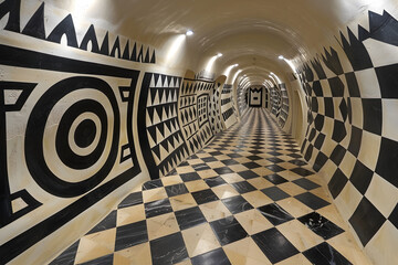 A contemporary hallway with geometric patterns. Black and white interior design.