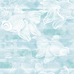 Fishes on blue watercolor background. Art seamless pattern. Vector.  Perfect for design templates, wallpaper, wrapping, fabric and textile. Unique seamless hand drawn illustration. - 751350135