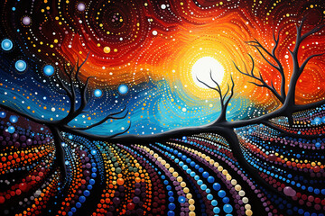 Australian Aboriginal dot painting style art landscape of a waterhole and the night sky. - obrazy, fototapety, plakaty