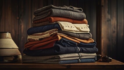 Stack of clothes on a wooden table