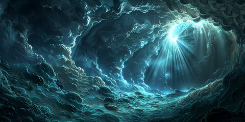 Bright lightning in a raging cave under sea and dark scene background  