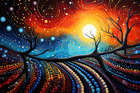 Australian Aboriginal dot painting style art landscape of a waterhole and the night sky.