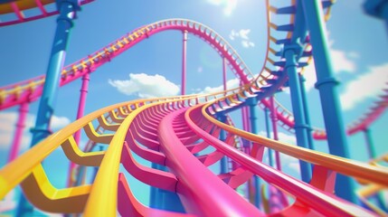 Vibrant Roller Coaster Rides Under Blue Skies, animated, looping roller coaster in vivid pink and yellow hues captures the thrill of amusement parks against a clear blue sky, evoking a sense of fun