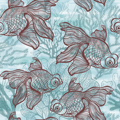 Goldfish and seaweed on blue watercolor background. Seamless vector pattern. Unique hand drawn illustration. Perfect for design templates, wallpaper, wrapping, fabric and textile. - 751350359