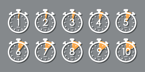 set of timer symbols, 1 to 10 minutes stopwatch symbol, white and orange design elements on grey background, vector icon set - obrazy, fototapety, plakaty