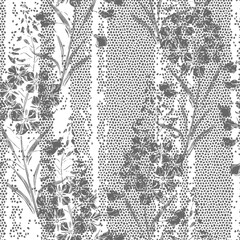 Fireweed, willow herb, wildflowers. Hand drawn seamless pattern. Floral silhouettes on a mosaic background. Monochrome vector illustration.  Perfect for design templates, wallpaper, wrapping, fabric,  - 751350548