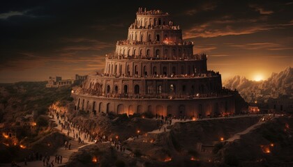 The tower of babel illuminated by numerous lights at its pinnacle, standing out against the dark sky. The lights create a striking visual display that is hard to miss
