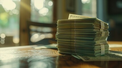 Stack of US Dollars on Wooden Table, 3D-rendered pile of neatly stacked US dollar bills sits atop a wooden table, bathed in soft light, suggesting wealth or financial concepts - obrazy, fototapety, plakaty