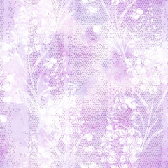 Fototapeta na wymiar Floral seamless pattern with fireweed flowers on a pink watercolor textured background. Vector illustration. Art botanical background. Perfect for design templates, wallpaper, wrapping, fabric.