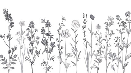 Fototapeta na wymiar Wild flowers vector collection. herbs, herbaceous flowering plants, blooming flowers, subshrubs isolated on white background. Hand drawn detailed botanical. Generative Ai