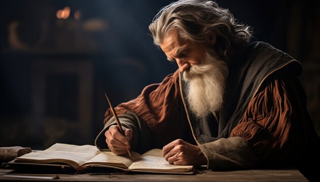 An actor portraying Saint Luke, with a long white beard, is focused on writing in a book. The man is seated, wearing traditional clothing, and appears to be engrossed in his task