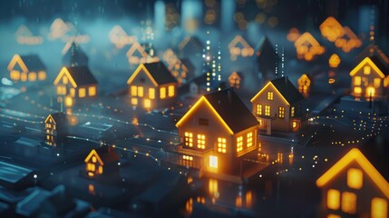 Futuristic Smart City Concept, Illuminated smart homes with interactive holographic icons, symbolizing an interconnected and technologically advanced future cityscape