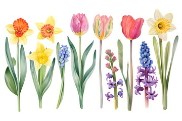 Spring Flora Collection: Watercolor Illustration of Seasonal Blooms - Isolated on White Transparent Background 

